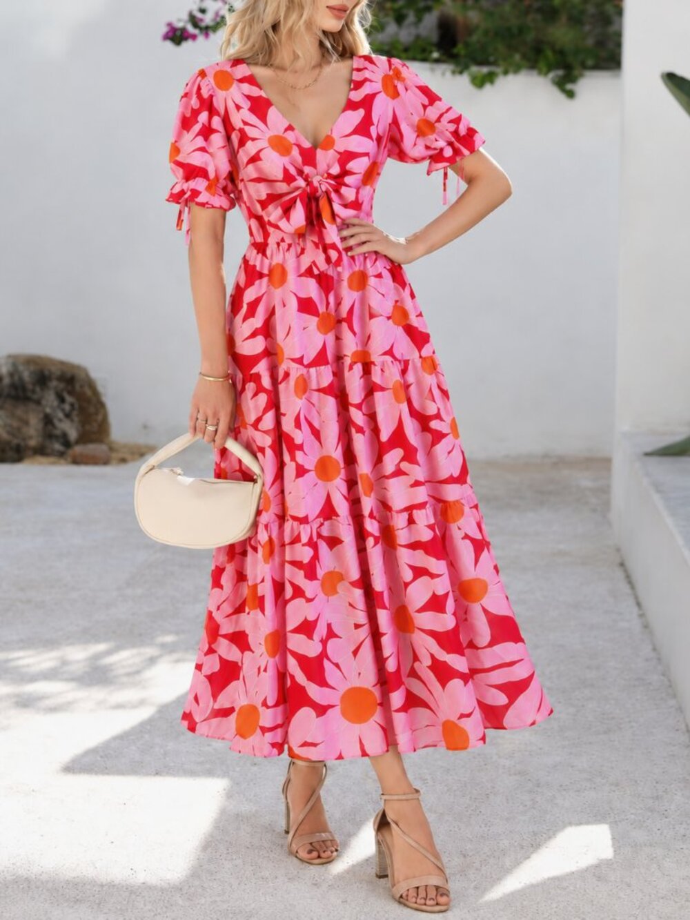 BTFBM Tie Front Floral Maxi Dress, Large